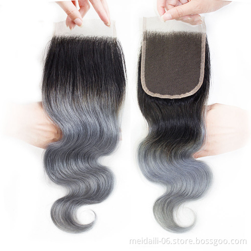 4x4 lace closure 1b/grey ombre color body wave human hair closure virgin brazilian 4*4 lace closure